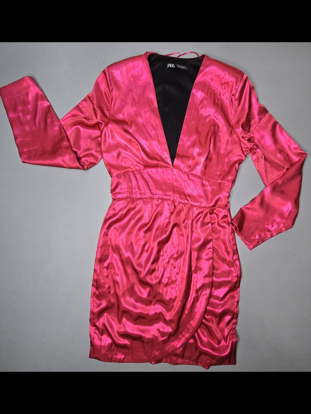 Zara Metallic Mini Dress Women Sm Hot Pink V-Neck Long Sleeve Party Night Out
